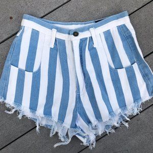 Not Guilty Cutoff Striped High Waist Fringe Jean Shorts Size S Made in USA